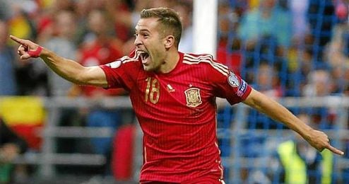Jordi Alba celebra el 1-0 ante Eslovaquia. Jordi Alba celebra el 1-0 ante Eslovaquia.