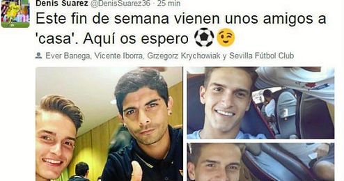 Denis Suarez, con Banega en su Twitter. Denis Suarez, con Banega en su Twitter.