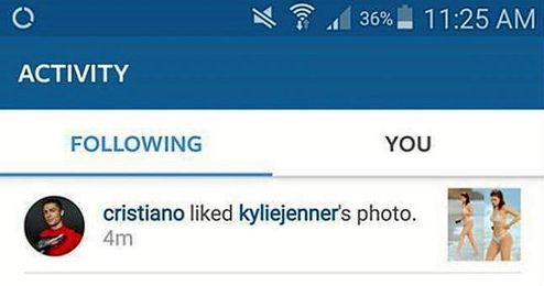 En la imagen, notificación del ´like´ de Cristiano a Jenner. En la imagen, notificación del ´like´ de Cristiano a Jenner.