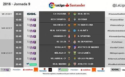 Horarios de la novena jornada de Liga. Horarios de la novena jornada de Liga.