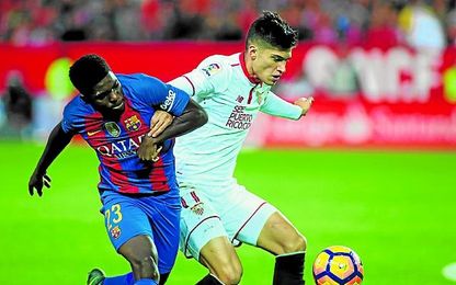 Acción polémica entre Umtiti y Correa. Acción polémica entre Umtiti y Correa.