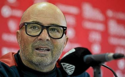 Sampaoli, durante la rueda de prensa de hoy. Sampaoli, durante la rueda de prensa de hoy.