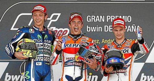 Marc Márquez, Valentino Rossi y Dani Pedrosa, podio del G.P. de Jerez. Marc Márquez, Valentino Rossi y Dani Pedrosa, podio del G.P. de Jerez.