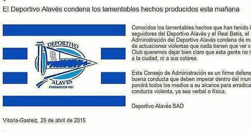 Imagen del comunicado del Deportivo Alavés. Imagen del comunicado del Deportivo Alavés.