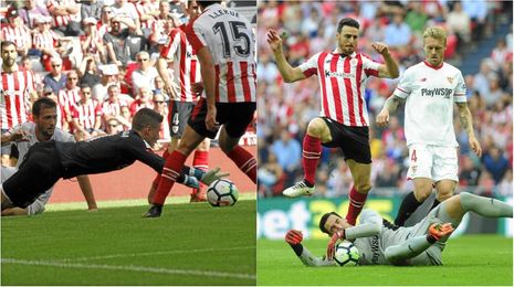 Kepa y Rico atajan el balón en dos acciones del partido de San Mamés. Kepa y Rico atajan el balón en dos acciones del partido de San Mamés.