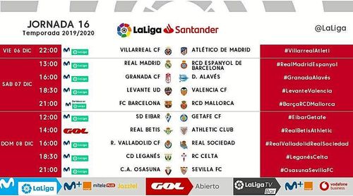 Ya se conocen los horarios de la 16ª jornada de LaLiga. Ya se conocen los horarios de la 16ª jornada de LaLiga.